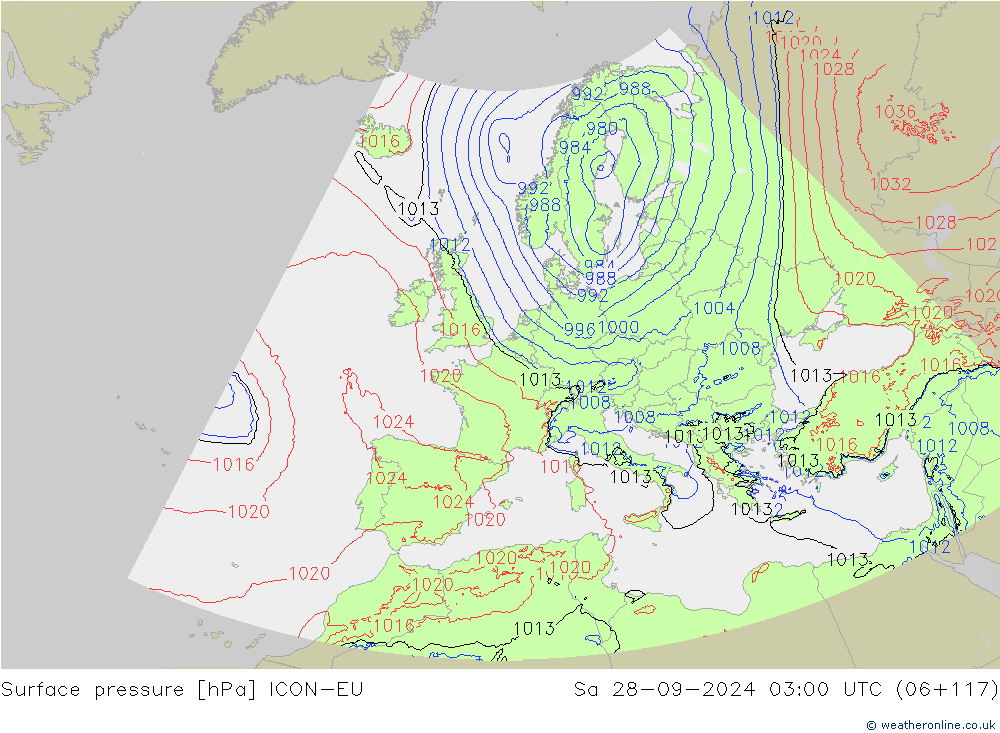 Pressione al suolo ICON-EU sab 28.09.2024 03 UTC