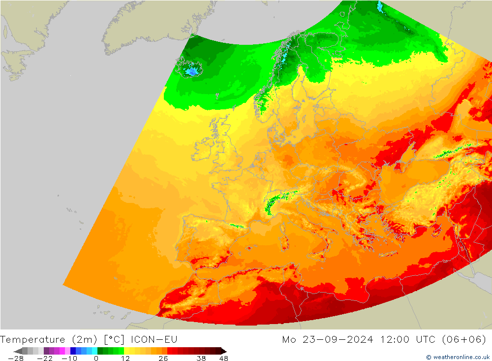 Temperaturkarte (2m) ICON-EU Mo 23.09.2024 12 UTC