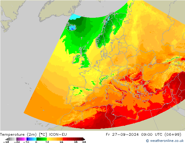 Temperaturkarte (2m) ICON-EU Fr 27.09.2024 09 UTC