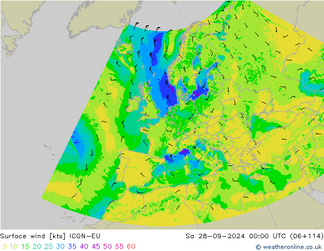 Vento 10 m ICON-EU Sáb 28.09.2024 00 UTC