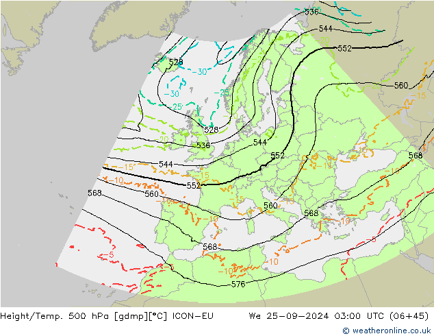 Height/Temp. 500 hPa ICON-EU mer 25.09.2024 03 UTC