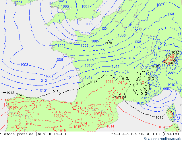 Surface pressure ICON-EU Tu 24.09.2024 00 UTC