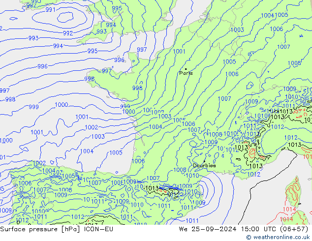 Surface pressure ICON-EU We 25.09.2024 15 UTC