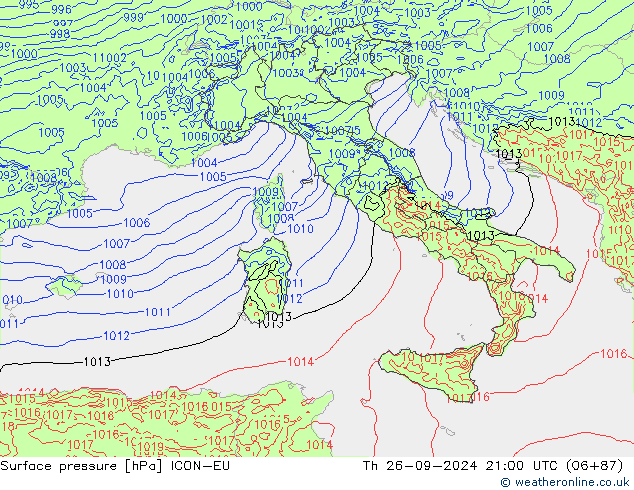 Surface pressure ICON-EU Th 26.09.2024 21 UTC