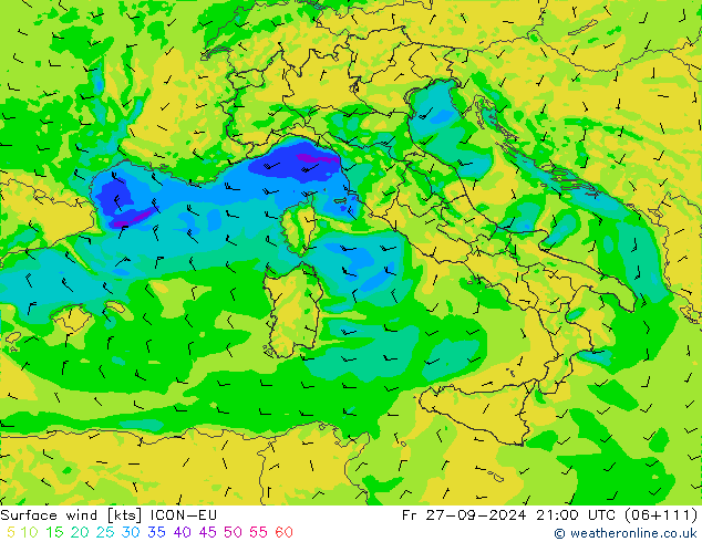wiatr 10 m ICON-EU pt. 27.09.2024 21 UTC