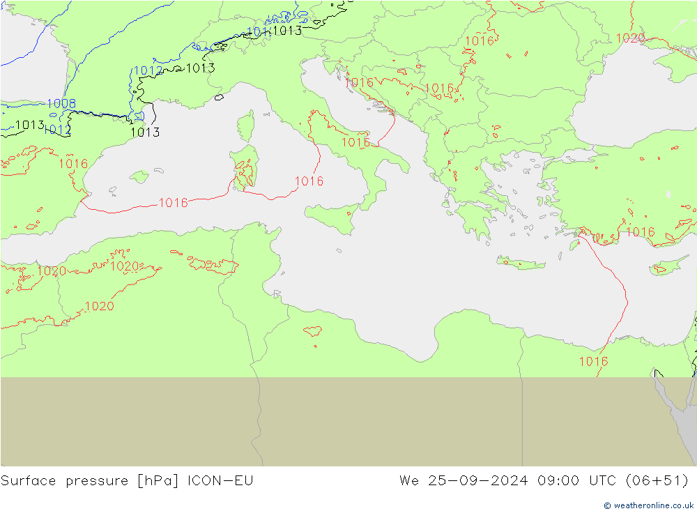 Yer basıncı ICON-EU Çar 25.09.2024 09 UTC