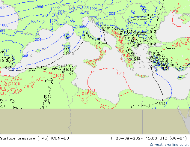 Pressione al suolo ICON-EU gio 26.09.2024 15 UTC