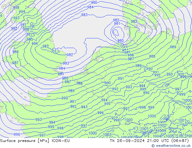 Surface pressure ICON-EU Th 26.09.2024 21 UTC