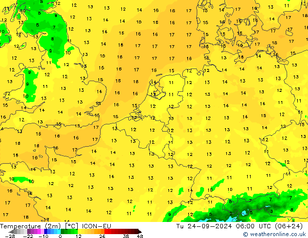 Temperature (2m) ICON-EU Tu 24.09.2024 06 UTC