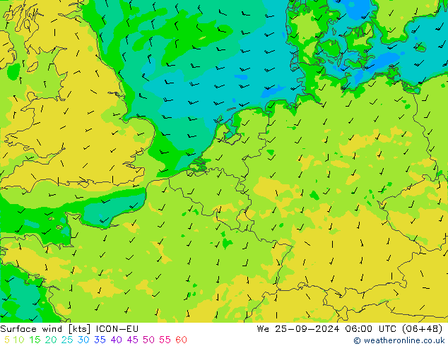 Vento 10 m ICON-EU mer 25.09.2024 06 UTC