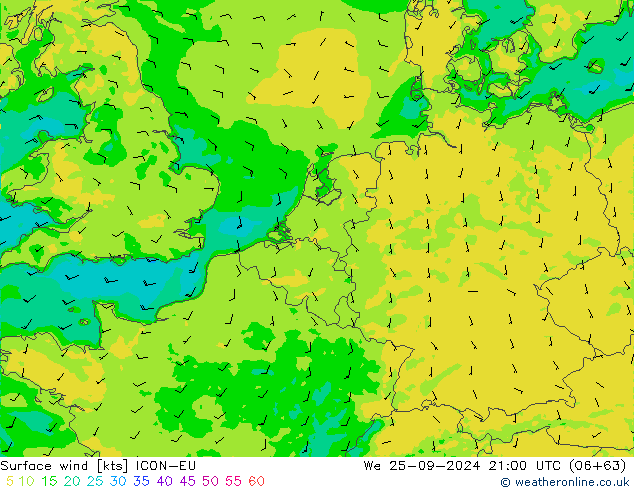 Vento 10 m ICON-EU mer 25.09.2024 21 UTC