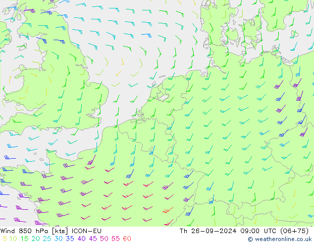 Wind 850 hPa ICON-EU Th 26.09.2024 09 UTC