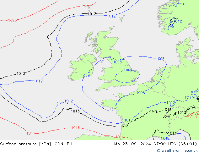 Presión superficial ICON-EU lun 23.09.2024 07 UTC