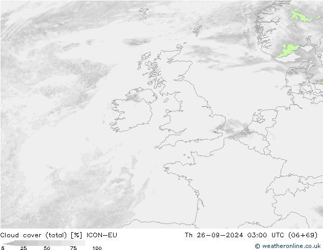 Cloud cover (total) ICON-EU Th 26.09.2024 03 UTC