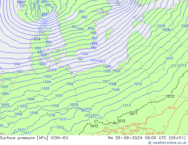 Surface pressure ICON-EU We 25.09.2024 09 UTC