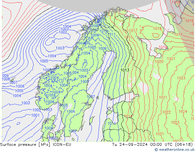 Surface pressure ICON-EU Tu 24.09.2024 00 UTC