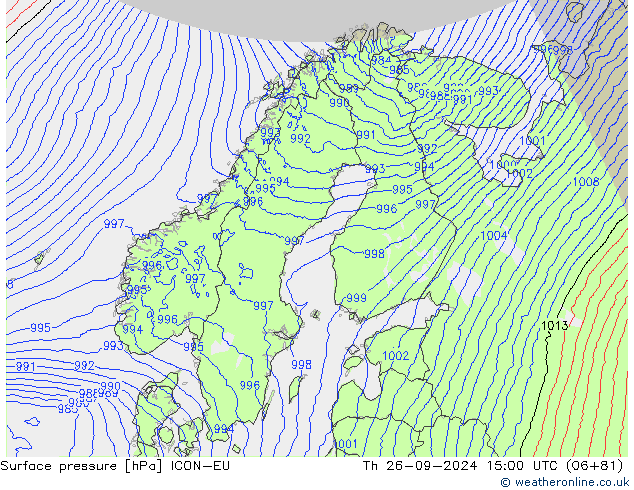 Atmosférický tlak ICON-EU Čt 26.09.2024 15 UTC