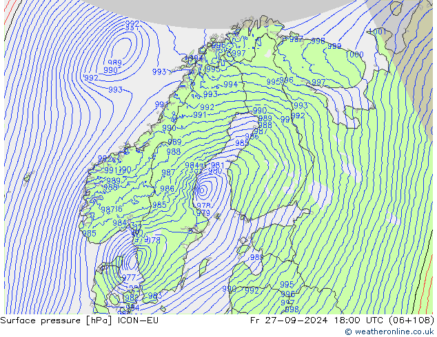 Surface pressure ICON-EU Fr 27.09.2024 18 UTC