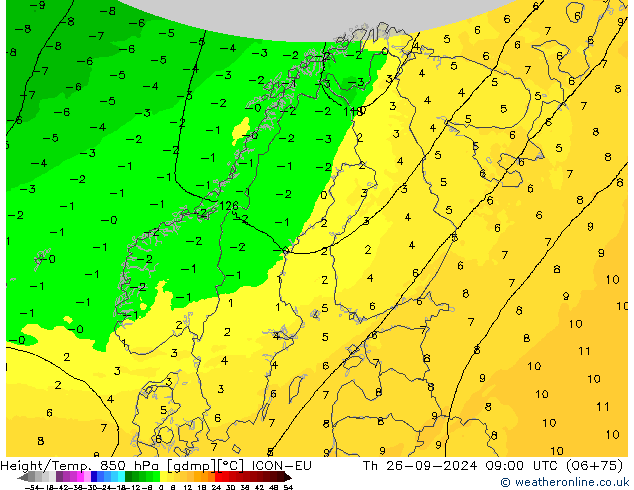 Height/Temp. 850 hPa ICON-EU czw. 26.09.2024 09 UTC