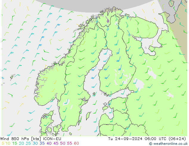 Wind 850 hPa ICON-EU Tu 24.09.2024 06 UTC