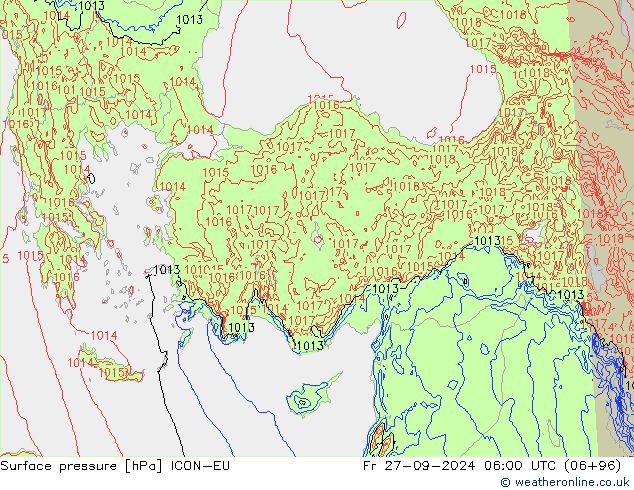 Surface pressure ICON-EU Fr 27.09.2024 06 UTC