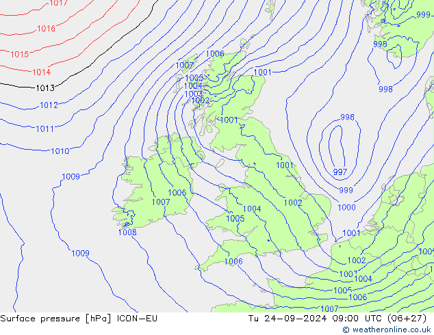 Surface pressure ICON-EU Tu 24.09.2024 09 UTC