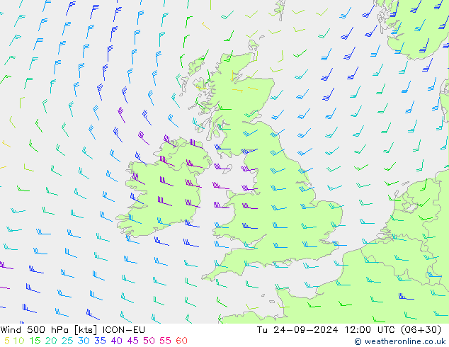 Wind 500 hPa ICON-EU Út 24.09.2024 12 UTC