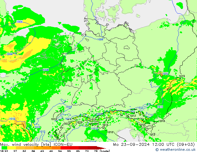 Max. wind snelheid ICON-EU ma 23.09.2024 12 UTC