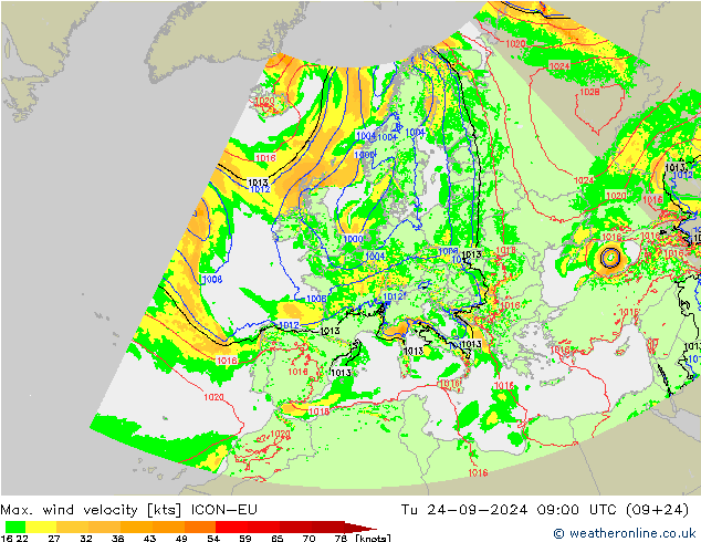 Max. wind velocity ICON-EU Tu 24.09.2024 09 UTC