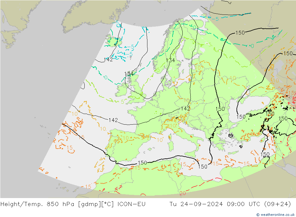 Géop./Temp. 850 hPa ICON-EU mar 24.09.2024 09 UTC