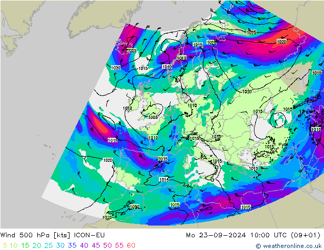 Vento 500 hPa ICON-EU Seg 23.09.2024 10 UTC