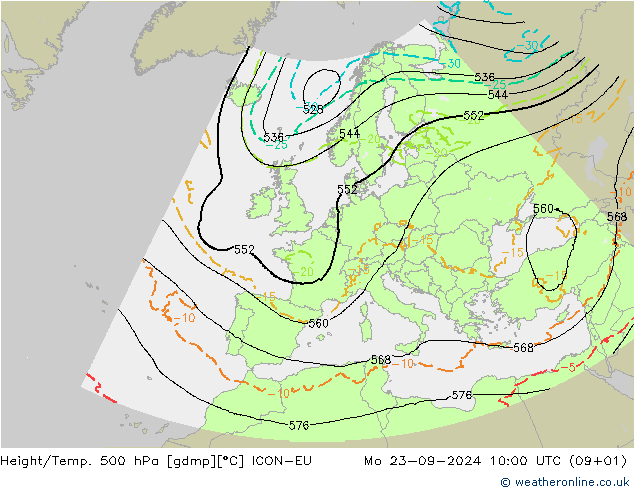 Height/Temp. 500 hPa ICON-EU Mo 23.09.2024 10 UTC