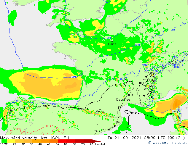 Max. wind velocity ICON-EU вт 24.09.2024 06 UTC