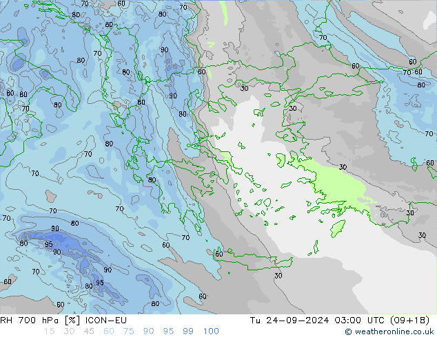 RH 700 hPa ICON-EU Tu 24.09.2024 03 UTC