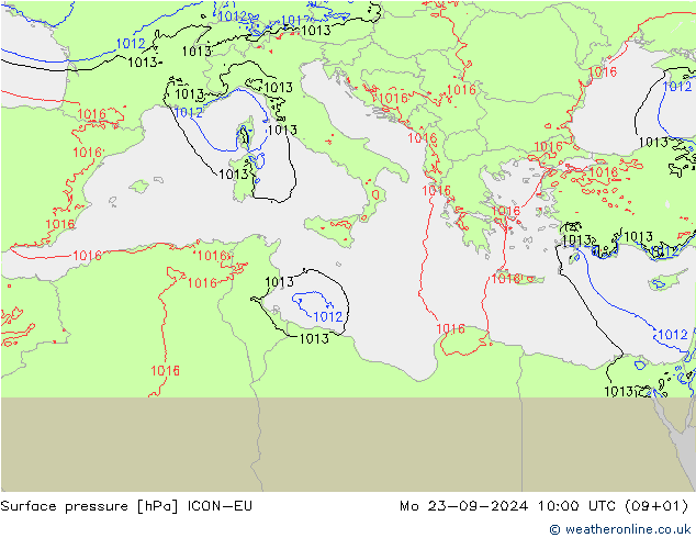 Surface pressure ICON-EU Mo 23.09.2024 10 UTC