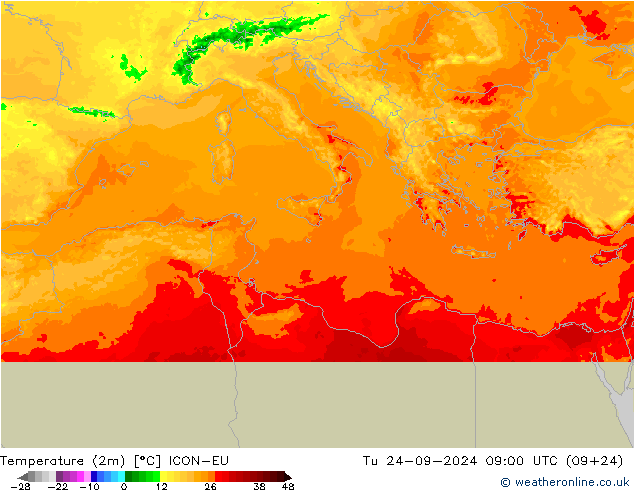 Temperature (2m) ICON-EU Út 24.09.2024 09 UTC