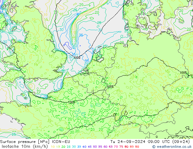 Isotachs (kph) ICON-EU Út 24.09.2024 09 UTC