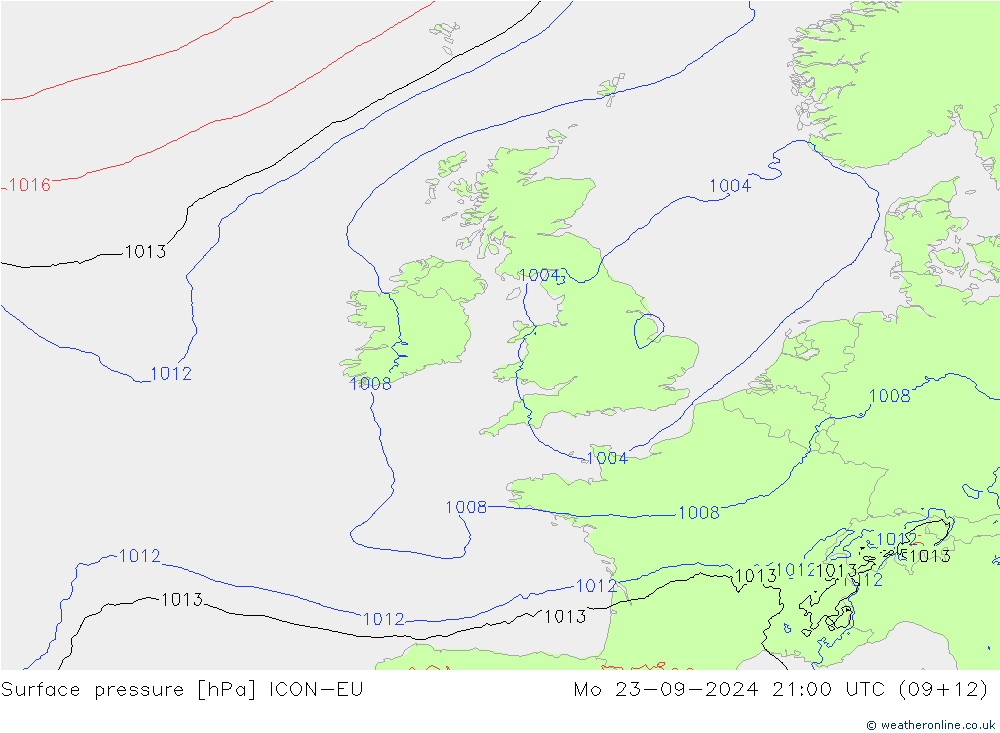 Surface pressure ICON-EU Mo 23.09.2024 21 UTC