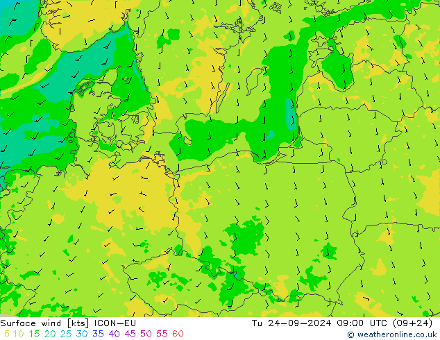 Surface wind ICON-EU Út 24.09.2024 09 UTC