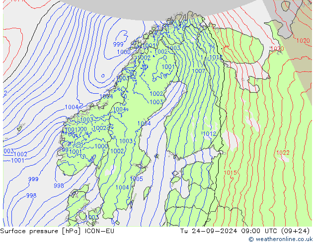 Atmosférický tlak ICON-EU Út 24.09.2024 09 UTC