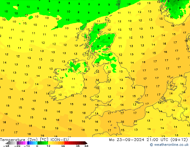 Temperature (2m) ICON-EU Po 23.09.2024 21 UTC