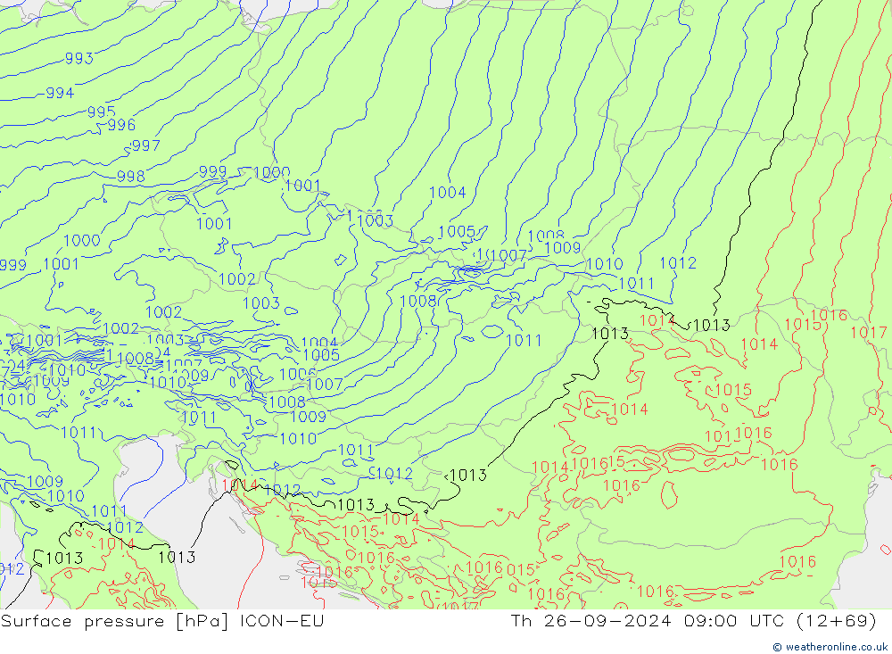 Surface pressure ICON-EU Th 26.09.2024 09 UTC