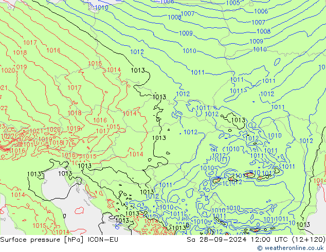 Surface pressure ICON-EU Sa 28.09.2024 12 UTC