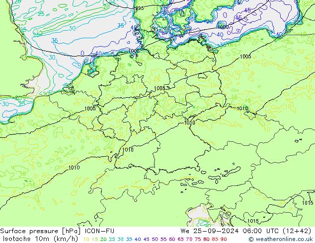 Izotacha (km/godz) ICON-EU śro. 25.09.2024 06 UTC