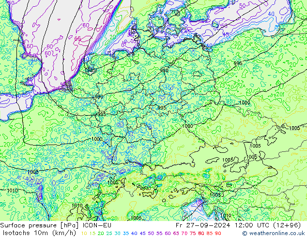 Isotachs (kph) ICON-EU Fr 27.09.2024 12 UTC