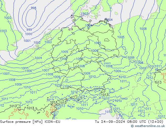 Atmosférický tlak ICON-EU Út 24.09.2024 08 UTC