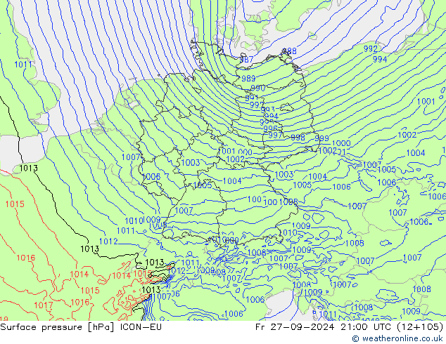 Surface pressure ICON-EU Fr 27.09.2024 21 UTC