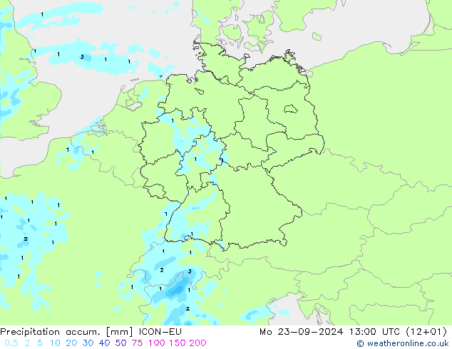 Precipitation accum. ICON-EU Mo 23.09.2024 13 UTC