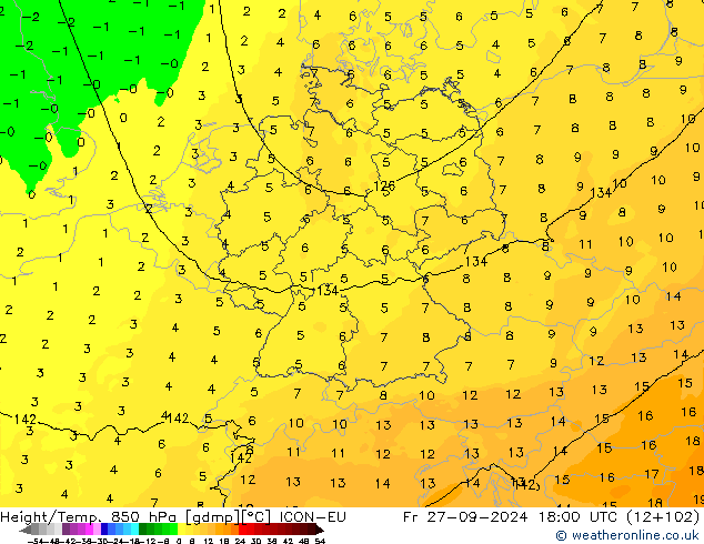 Height/Temp. 850 hPa ICON-EU Fr 27.09.2024 18 UTC