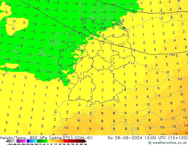 Yükseklik/Sıc. 850 hPa ICON-EU Cts 28.09.2024 12 UTC